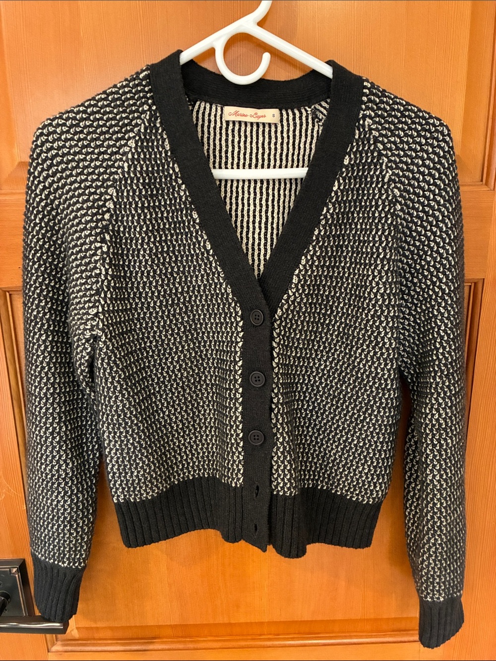 Marine Layer Black and Cream Marled V-Neck Button Cardigan